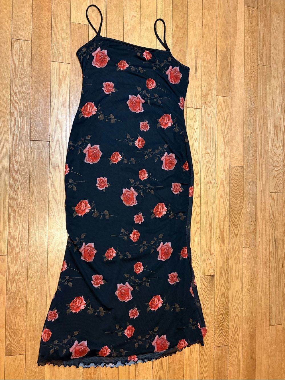 SHEIN Black Maxi Slip Dress with Red Rose Print